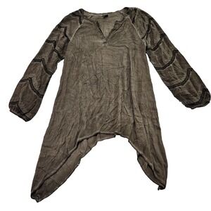 XCVI Womens Peasant Boho Lagenlook Sz L Popover Lace Accent Puff Sleeve Top